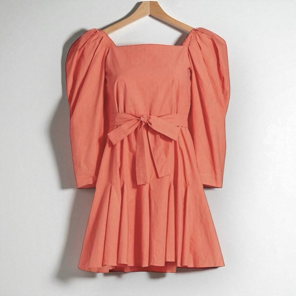 New Mille Resort Anais‎ Pleated Cotton Mini Dress XS in Melon Belted Half Sleeve